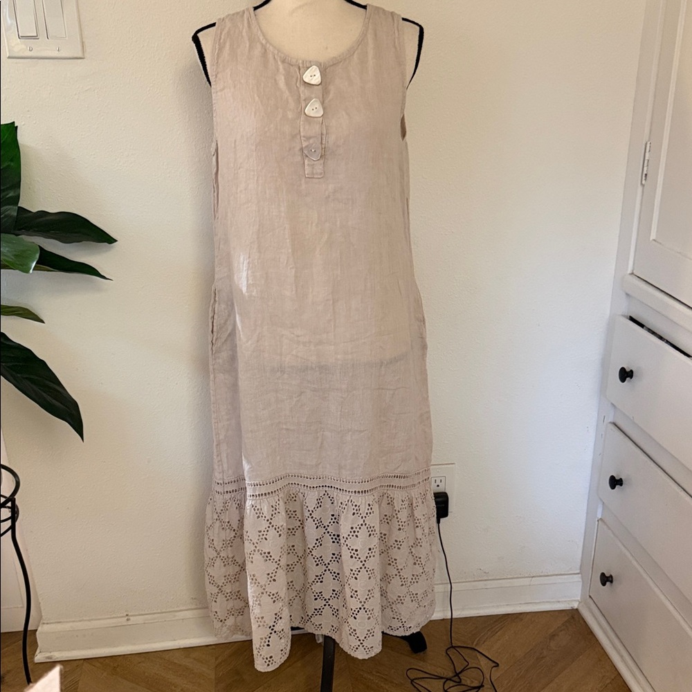 Sleeveless 100% Linen khaki colored maxi Dress